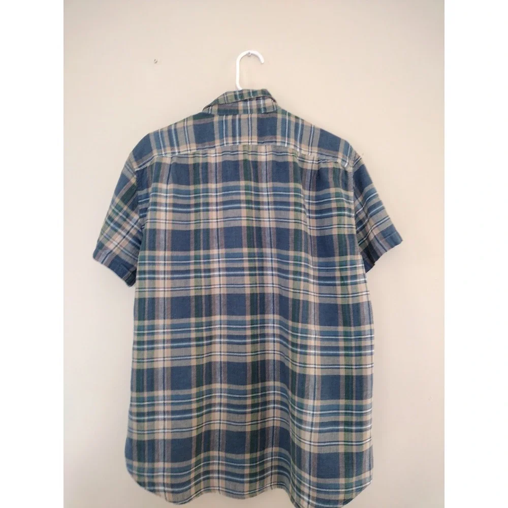 J. Crew Button Down Shirt Man‎ L Green Blue Plaid Short Sleeve Linen Blend Slim